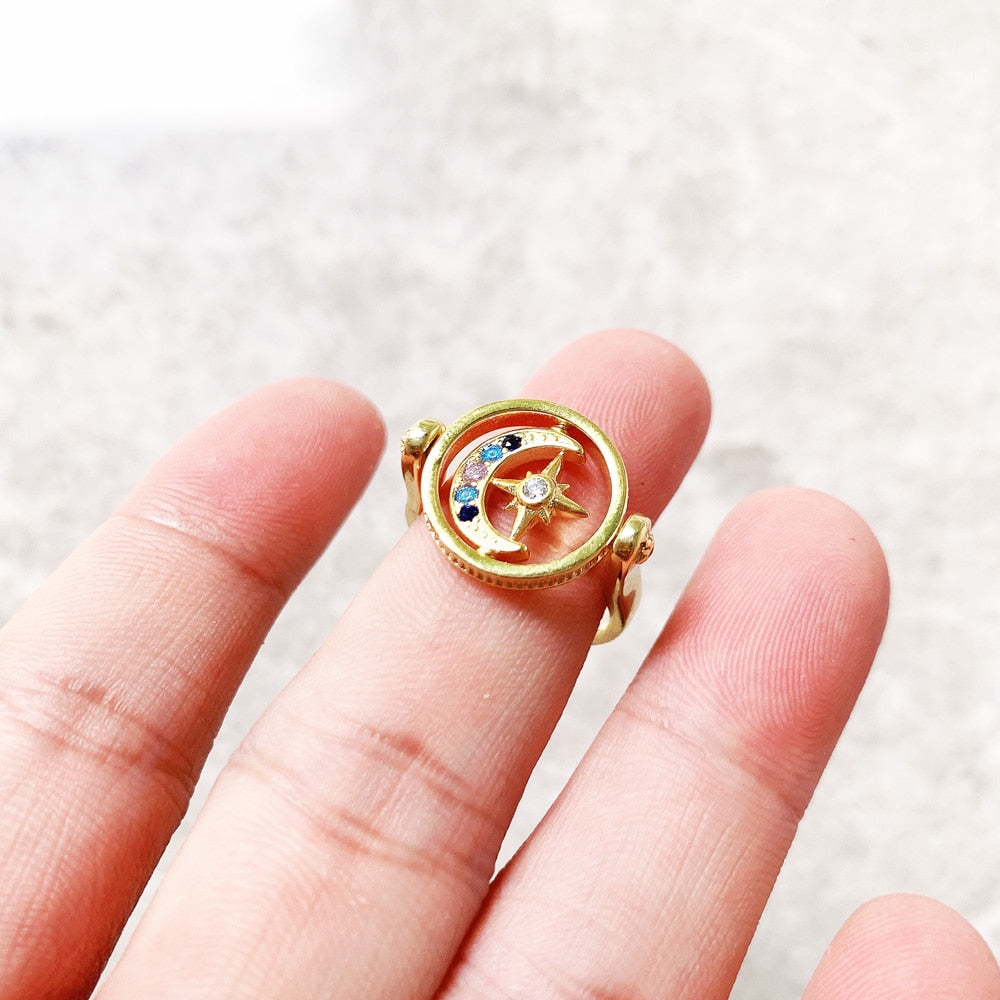 Ring Royalty Star &amp; Moon Gold,Europe Fine Jewerly For Elegance Women,2022 Spring Bohemia Gift In 925 Sterling Silver