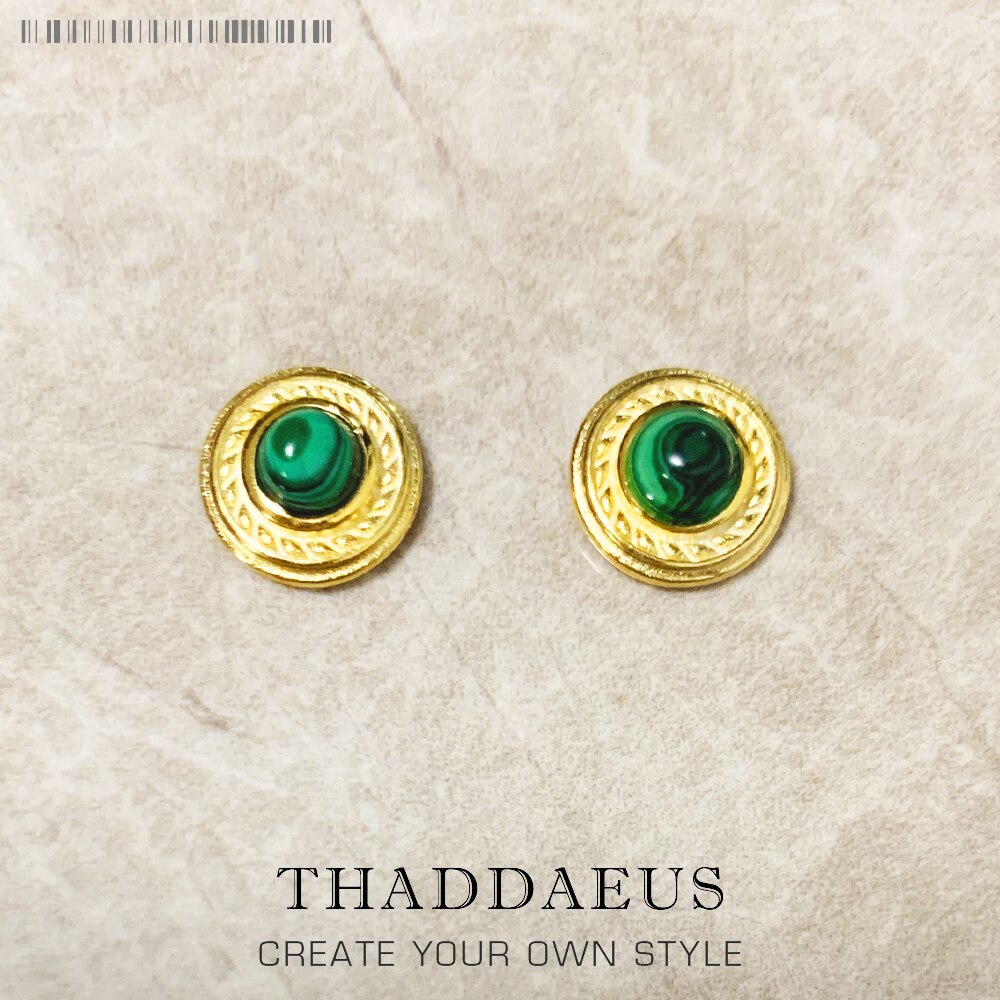 Green Stone Round Gold Stud Earrings,Europe Vintage Good Fine Jewerly For Women,2022 Brand New Gift In 925 Sterling Silver