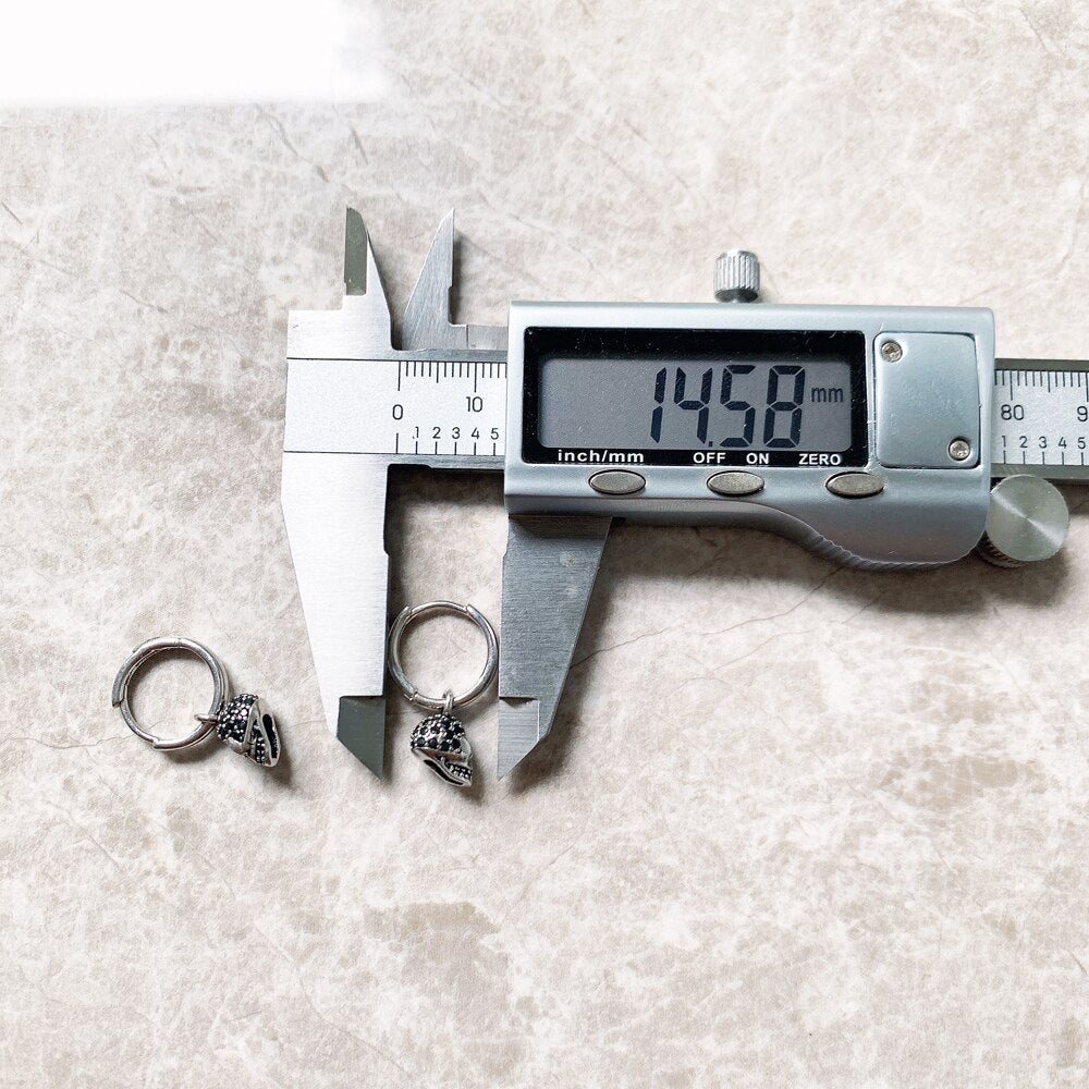 Black CZ Pave Skull Creole Hinged Hoop Earrings,Europe Fine Jewelry For Women Men Gift In 925 Sterling Silver