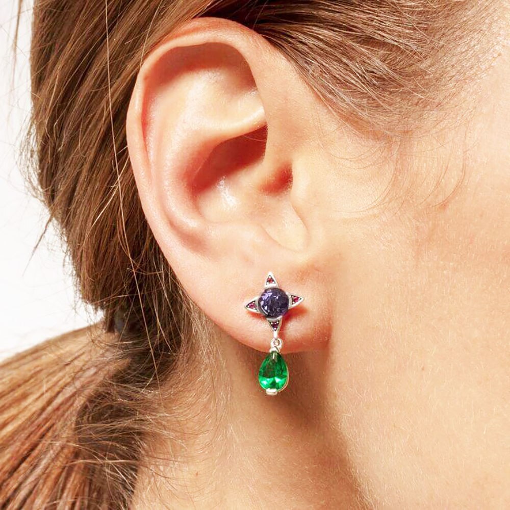 Ear Studs Green Drop With Purple Star Geometrical Jewerly For Women Summer New Bohemia Positive Gift In 925 Sterling Silver