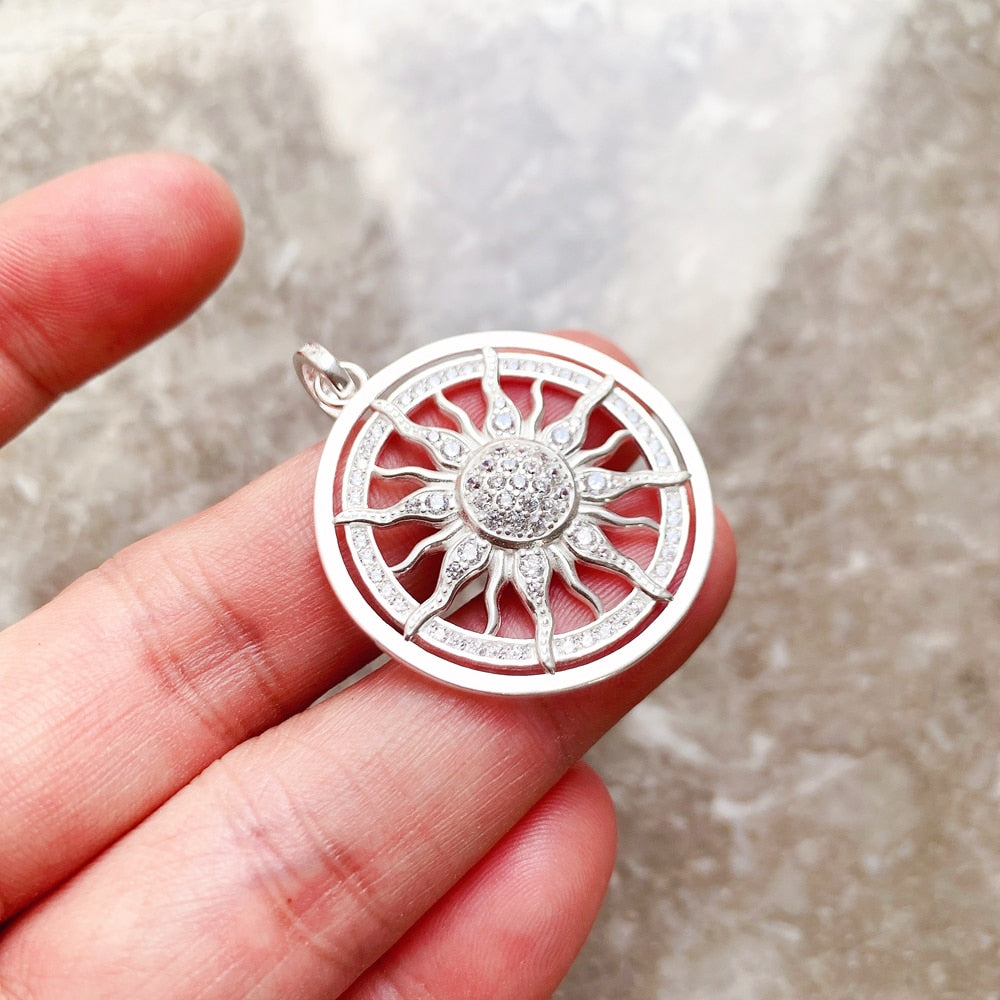Pendant Amulet Sun White CZ Pave,Fashion 925 Sterling Silver Jewelry Europe Style Accessorie Gift For Men Woman