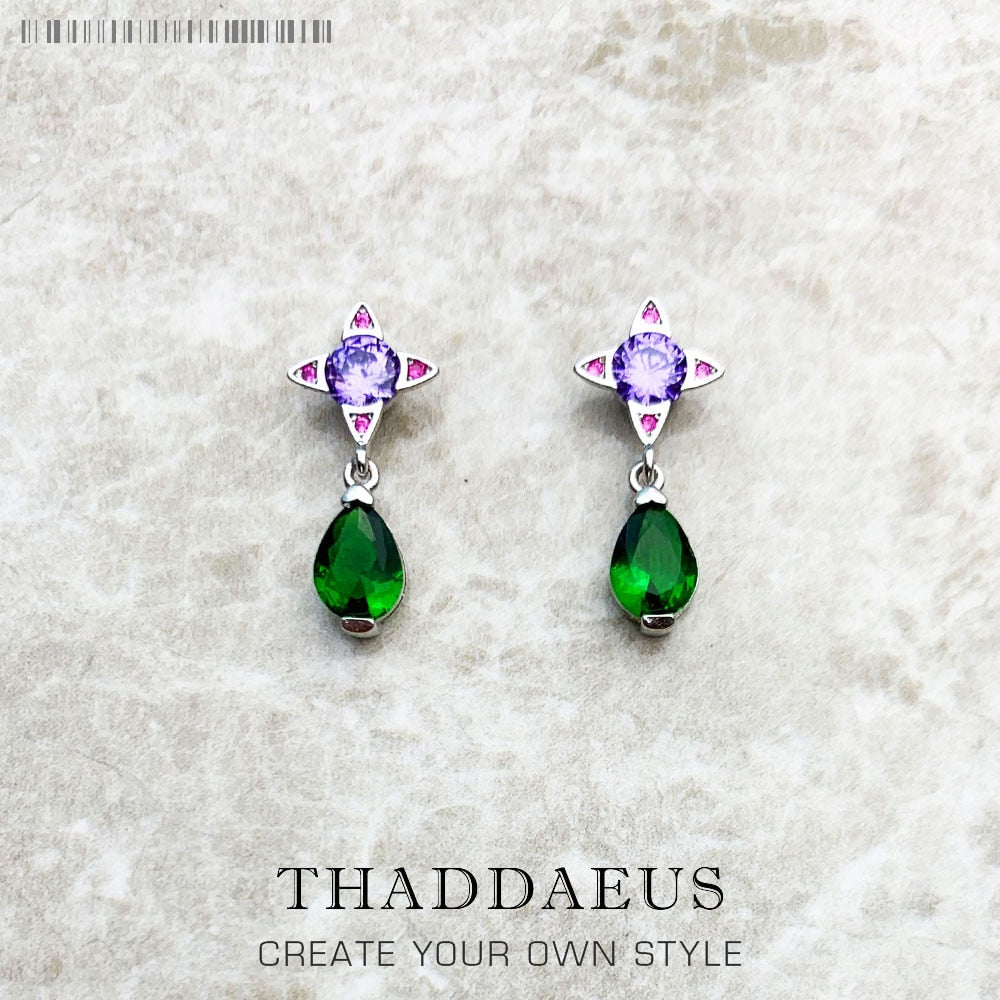 Ear Studs Green Drop With Purple Star Geometrical Jewerly For Women Summer New Bohemia Positive Gift In 925 Sterling Silver