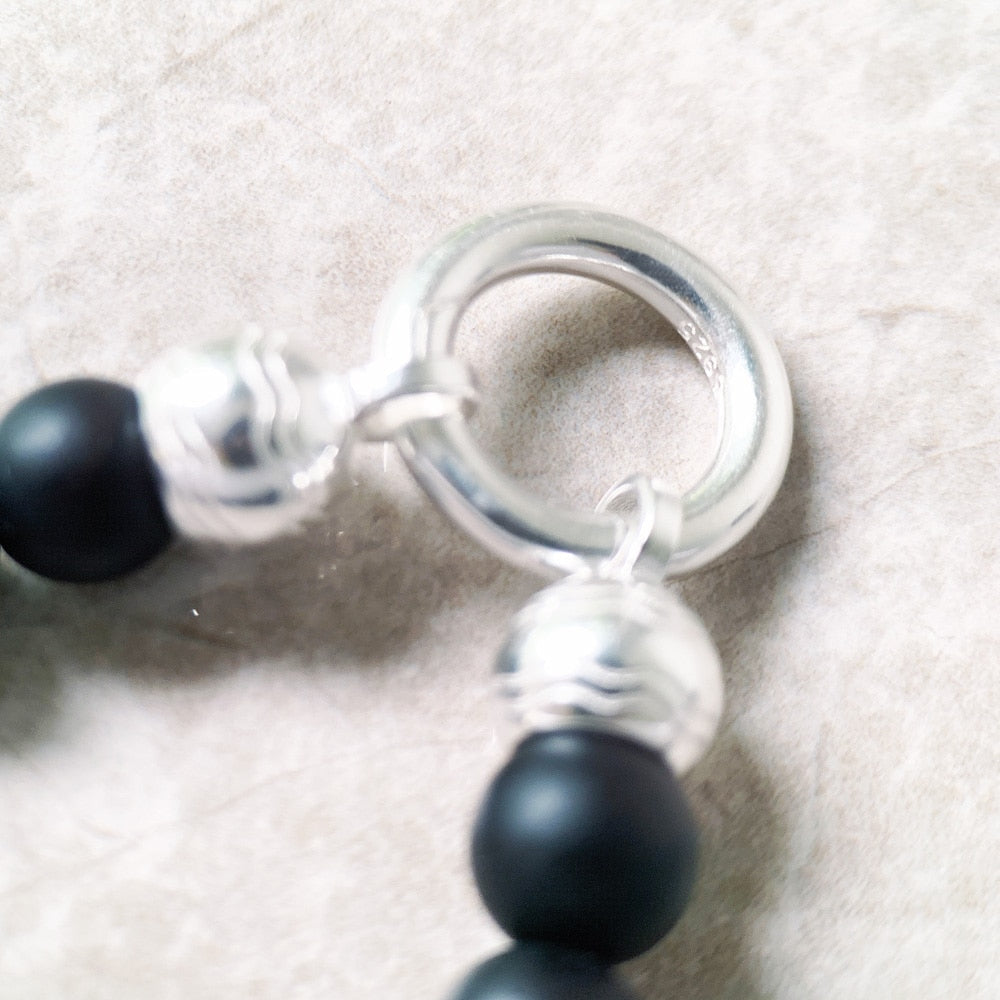 Strand Necklace Matt Obsidian Carrier New Real 925 Sterling Silver Jewelry Europe Style Vintage Gift For Women Men