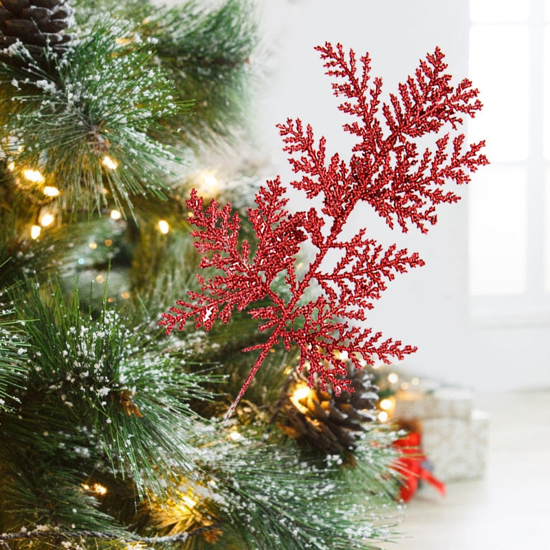 5Pcs Glitter Gold Leaves Xmas Tree Hanging Ornament Flower Artificial Plants Pine Branches Christmas Decoration for Home Navidad