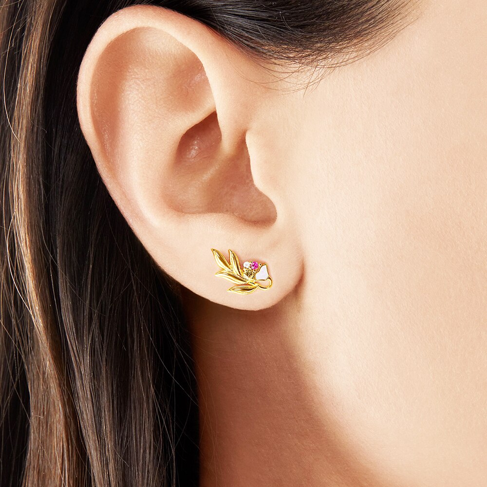 Ear Studs Golden Flower &amp; Leaf,Europe Fine Jewerly For Women,2022 Summer Romantic Gift In 925 Sterling Silver