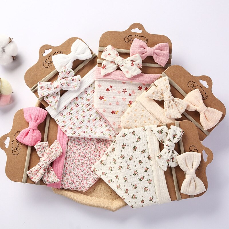 3Pcs/Set Cotton Baby Bib Bow Headband Adjustable Button Triangle Saliva Towel Print Infant Boy Girl