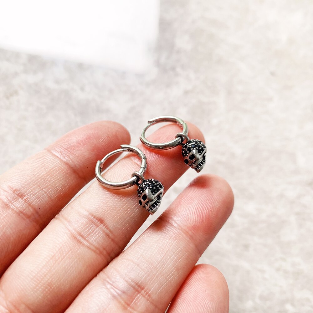 Black CZ Pave Skull Creole Hinged Hoop Earrings,Europe Fine Jewelry For Women Men Gift In 925 Sterling Silver