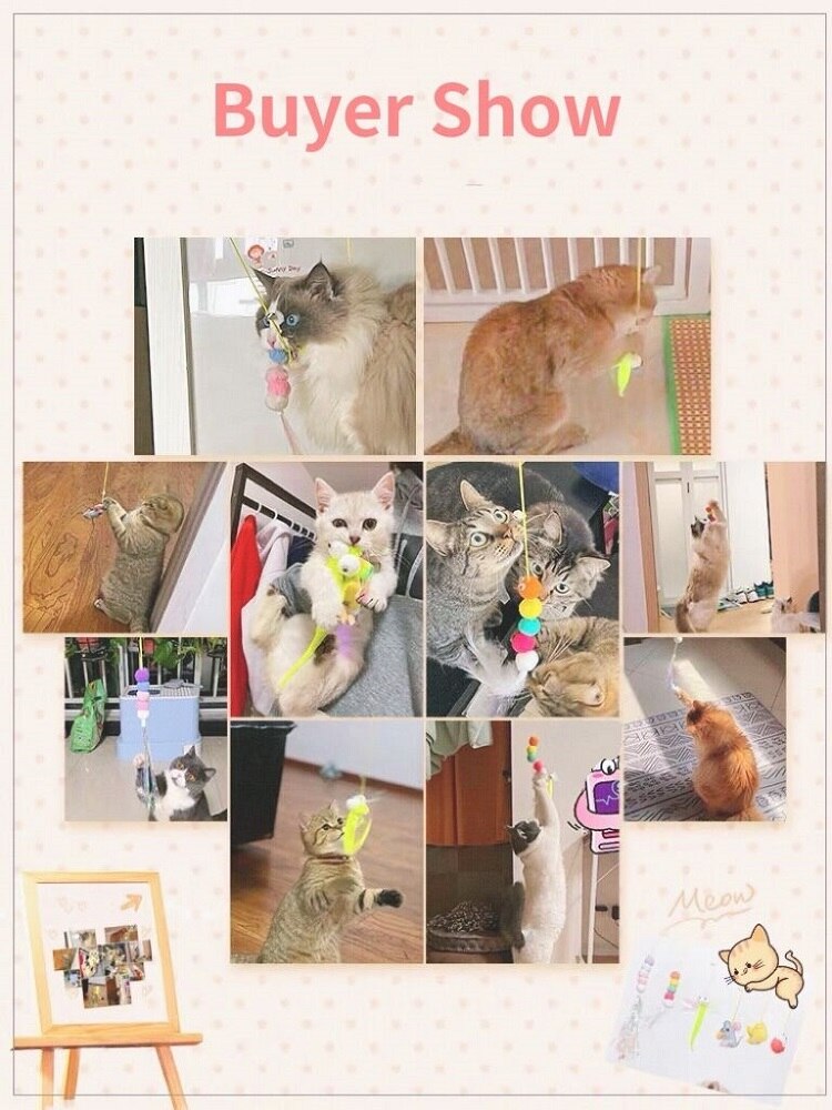 Hanging Elastic Rope Feather Cat Stick Funny Cat Toy with Small Bell Interactive Playing Teaser Wand Toy for Kitten Cat Supplies - anconmall