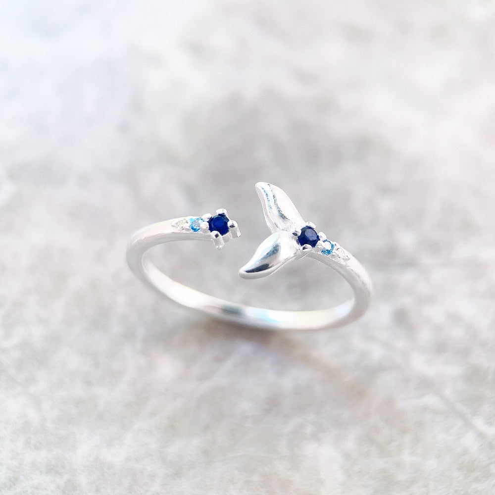 Ring Dolphin Tail Fin With Blue Stones,2022 Europe Style Glam Fine Jewerly For Women Cheerful Gift In Solid 925 Sterling Silver