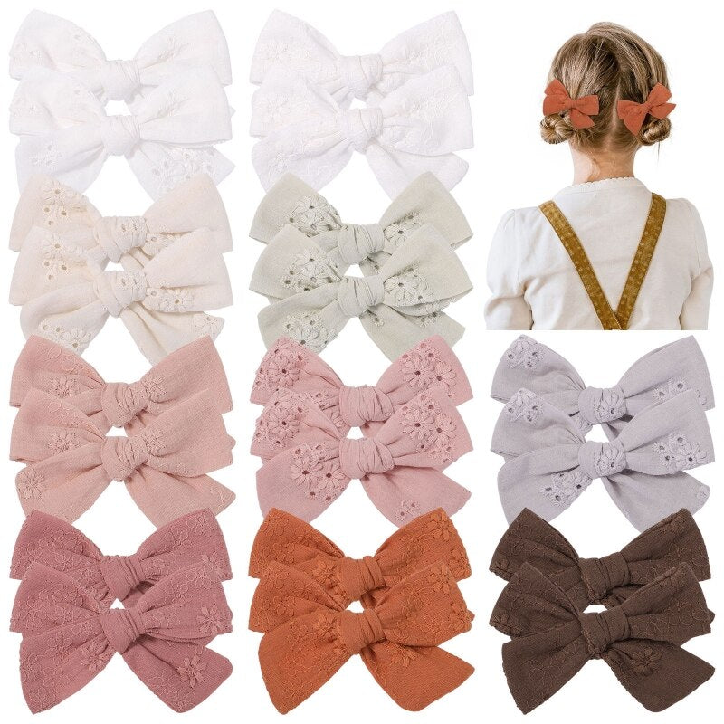 2Pcs/Set Sweet Floral Embroidery Solid Color Bowknot Hair Clips for Kids Baby Girls Alligator Hairpins Headwear Toddlers Hair