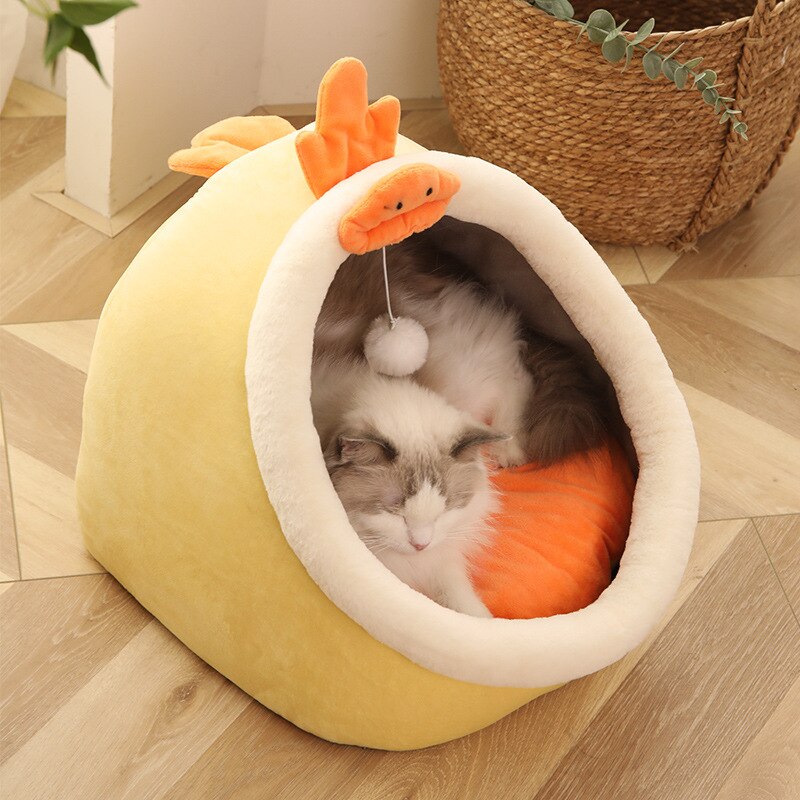 Crystal Velvet Hooded Cat’s House with Removable and Washable Cushion Winter Cat Basket Warm Cozy Sleeping Cave Pet Bed for Cats - anconmall