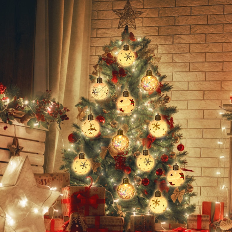 2023 LED Christmas Ball Lights Snowflake Elk Pattern Xmas Tree Hanging Pendant Ornaments Christmas Decorations for Home New Year