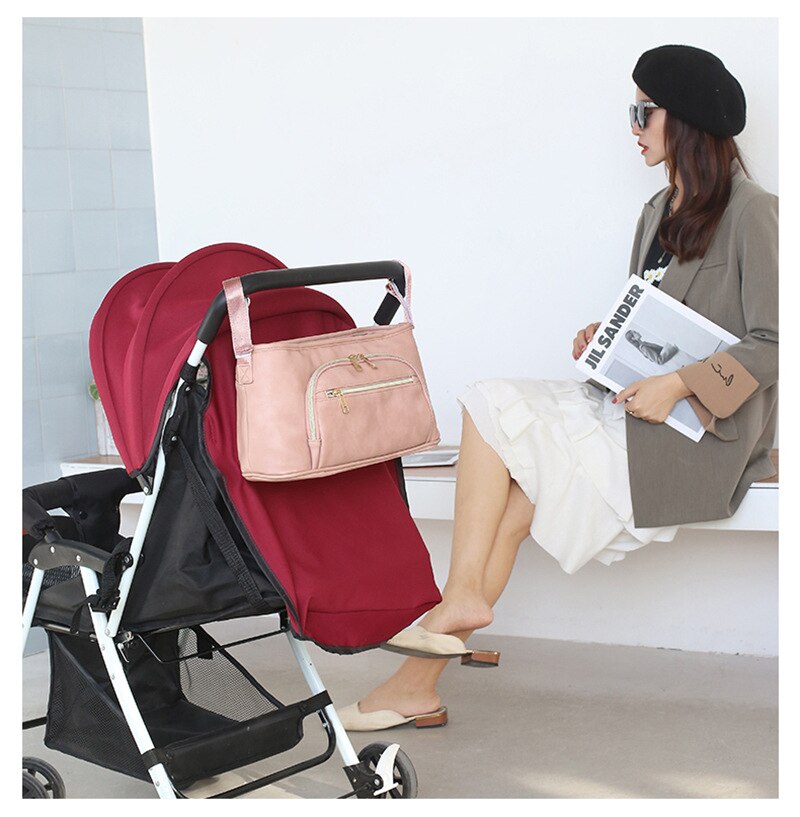 New Fashion Portable Baby Diaper Bag Lightweight PU Leather Nappy Bag Mommy Diaper Organizer for Baby Stroller with Hooks