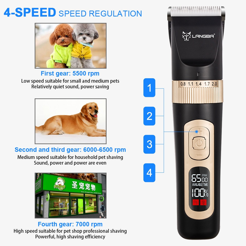 Professional Pet Dog Grooming Hair Clipper 4-Speed Quiet Electric Trimmer Pet Haircut Rechargeable Stand Base Cordless Kit - anconmall