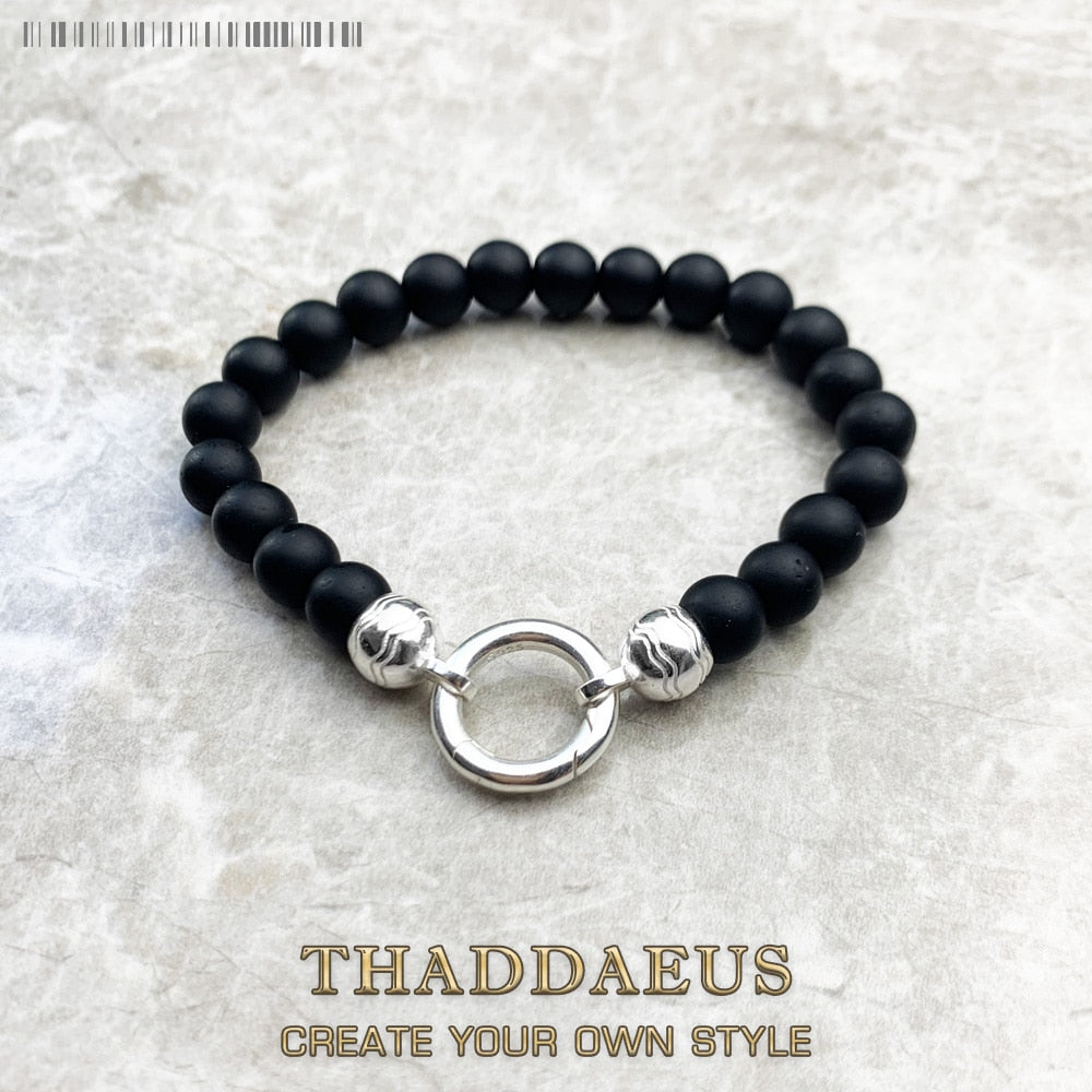 Beads Bracelet Matt Obsidian in Pure 925 Sterling Silver Vintage Gift For Women & Men