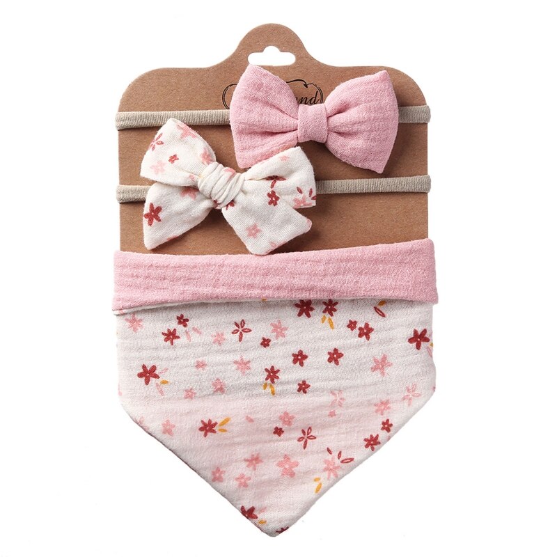3Pcs/Set Cotton Baby Bib Bow Headband Adjustable Button Triangle Saliva Towel Print Infant Boy Girl