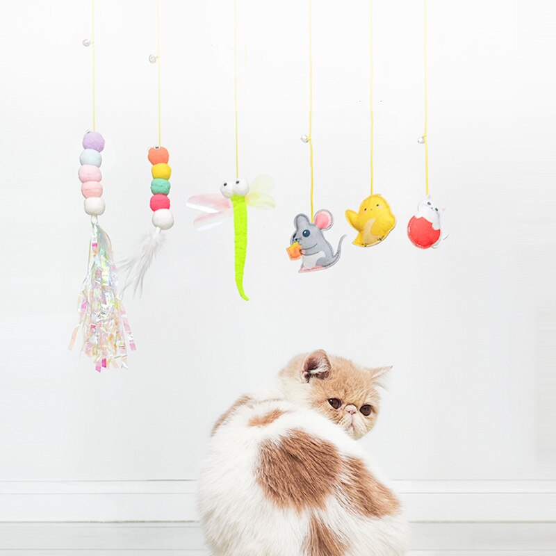 Hanging Elastic Rope Feather Cat Stick Funny Cat Toy with Small Bell Interactive Playing Teaser Wand Toy for Kitten Cat Supplies - anconmall