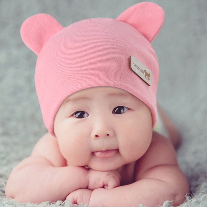 Newborn Baby Cute Bear Ears Beanie Letters Label Infant Toddler Solid Color Cotton Elastic Hospital Hat 0-6 Months