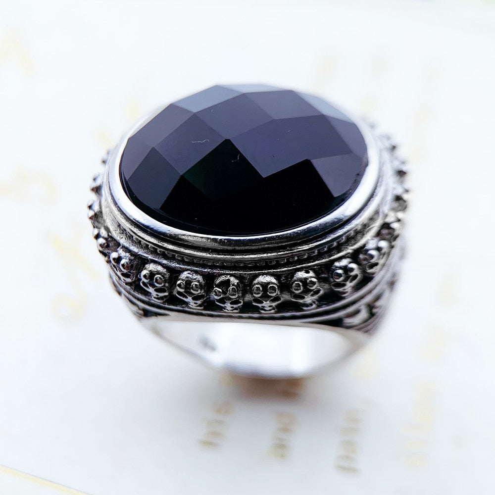 Cocktail Ring Black Oval CZ Skull Skeleton,Europe Style Fashion Jewelry Gift In 925 Sterling Silver For Men & Women