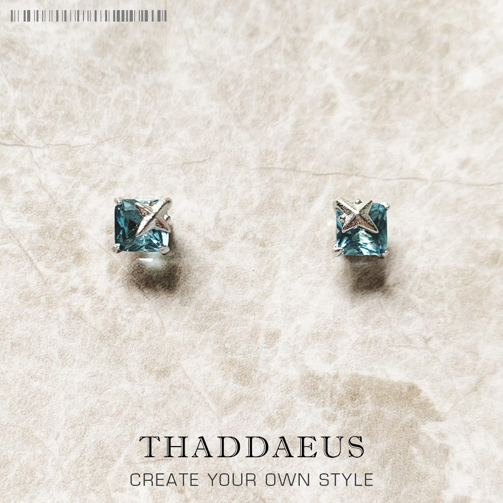 Ear Studs Aquamarine Blue Stone With Star,Europe Elegant Fine Jewerly For Women,2022 Summer Trendy Gift In 925 Sterling Silver