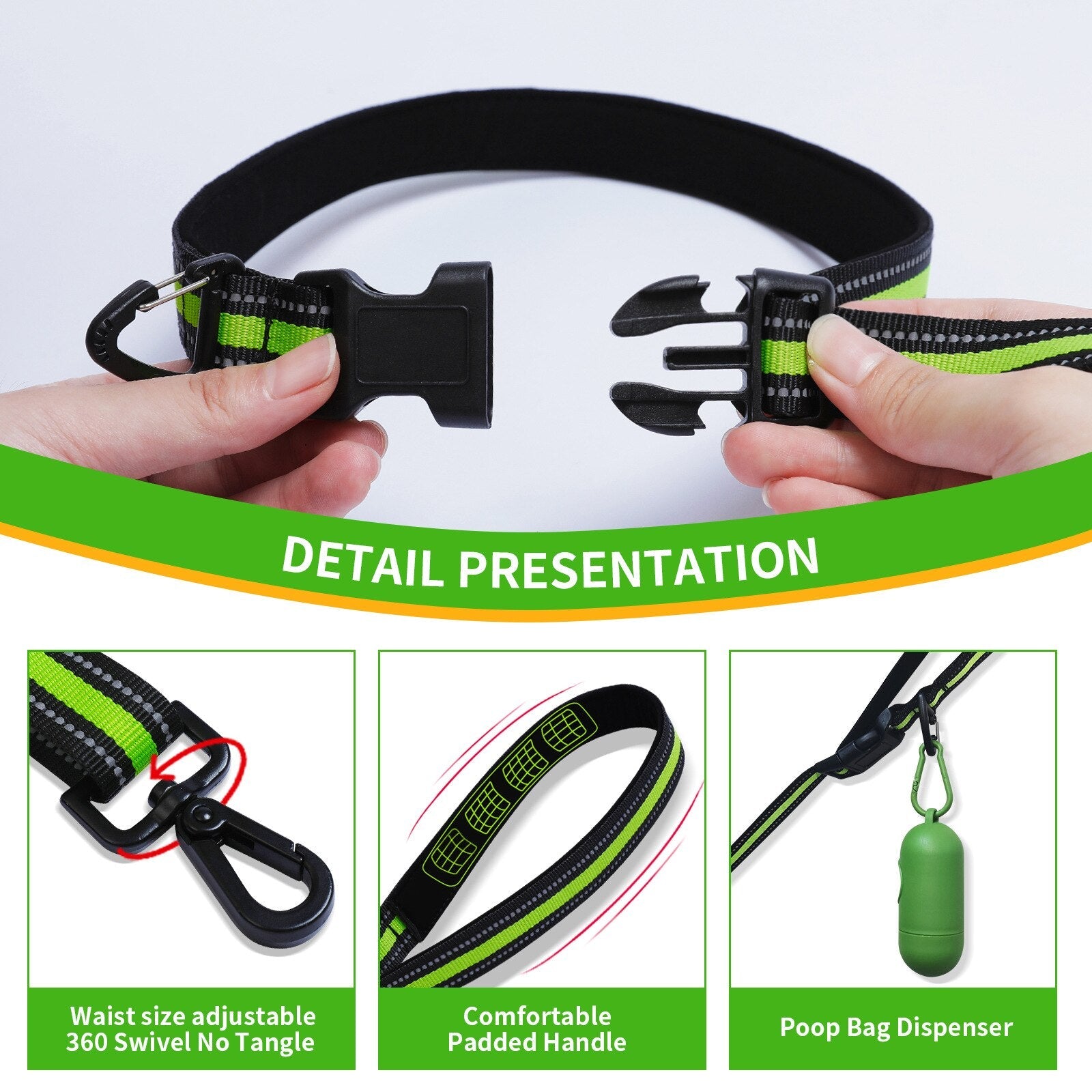 2m Hands-Free Bungee Nylon Dog Leash with Adjustable Waist Belt Reflective Stitching and Padded Handle for Pets Running Training - anconmall