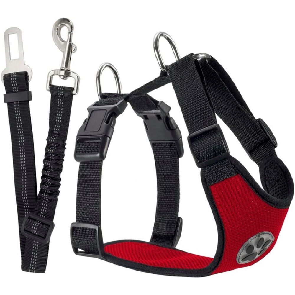 Car Seat Belt & Safety Harness for Pet Dog Cat Adjustable Breathable Mesh Harness with Secure Leads in Vehicle for Travel Trip - anconmall