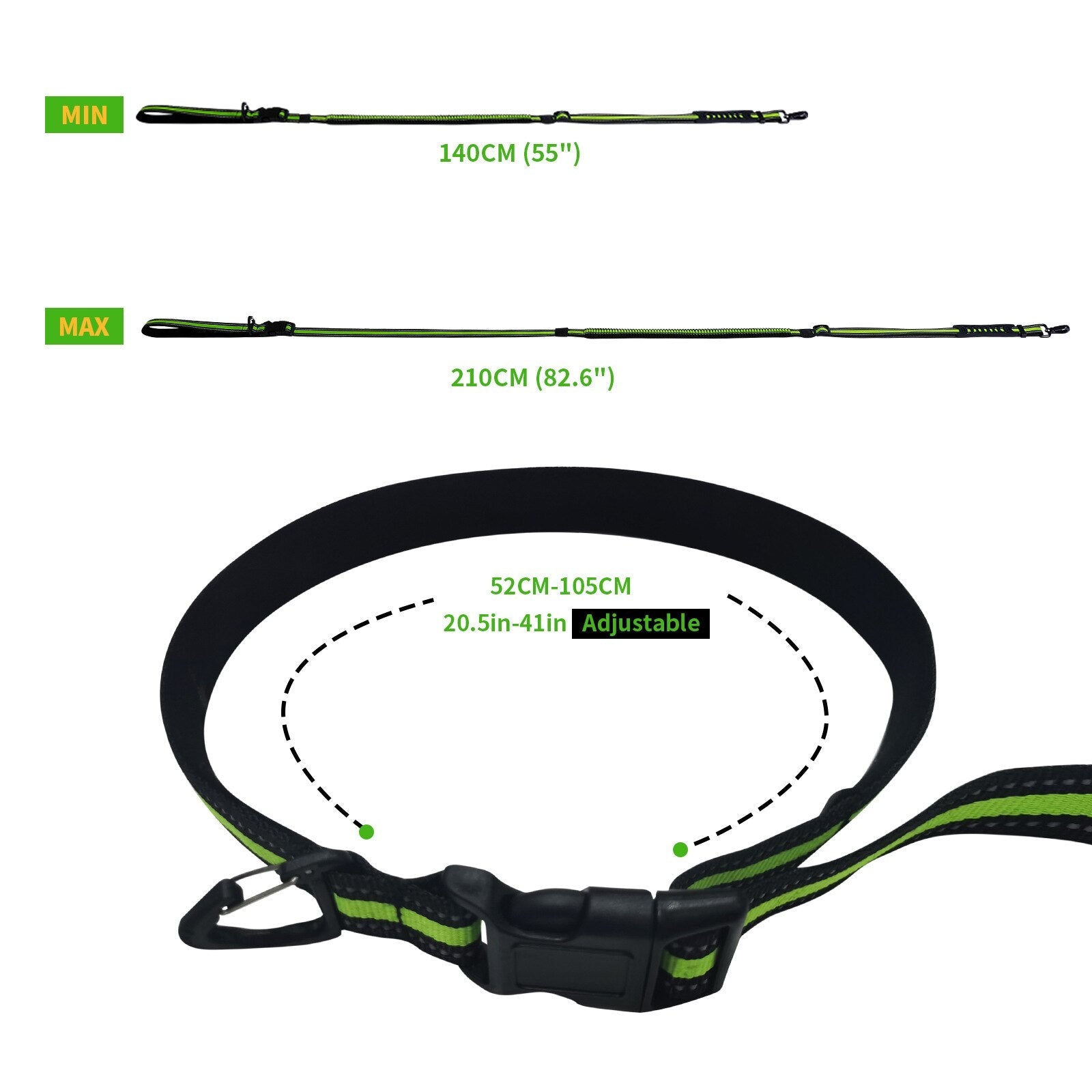 2m Hands-Free Bungee Nylon Dog Leash with Adjustable Waist Belt Reflective Stitching and Padded Handle for Pets Running Training - anconmall