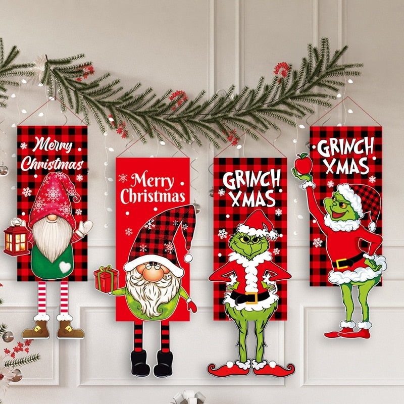 Christmas Door Hanging Banner Porch Santa Claus Faceless Doll Merry Christmas Flag Decorations For Home Navidad Ornament Pendant