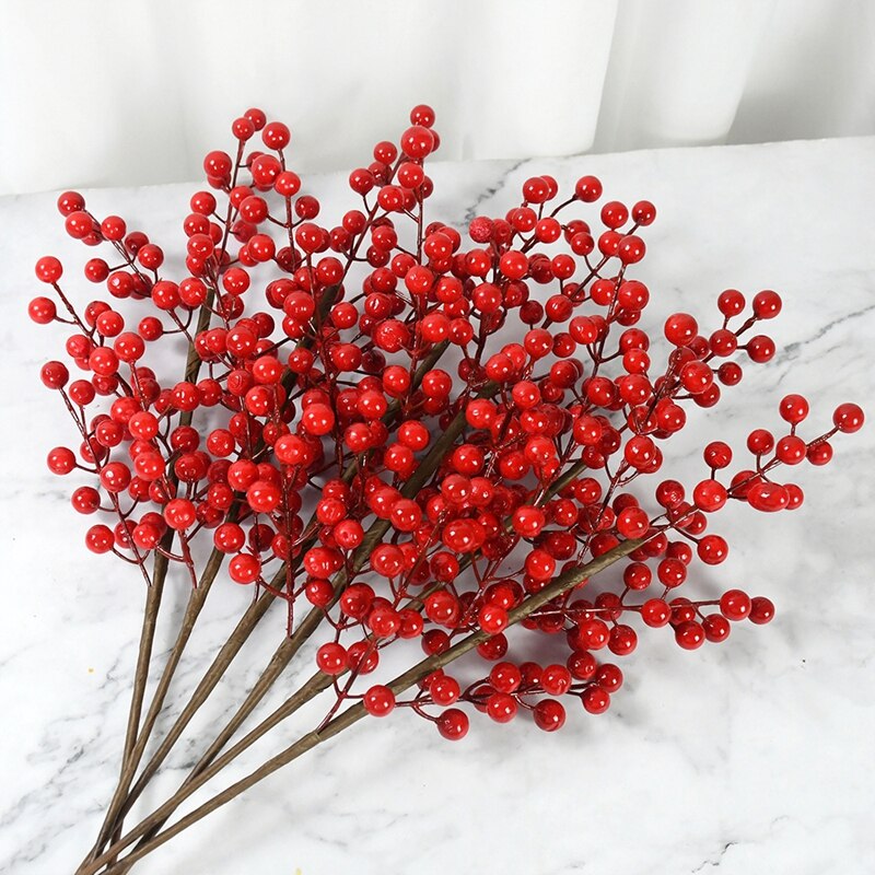 1/2pcs Christmas Decor Red Berry Stamen Branch Artificial Flower Bouquet Xmas Home Vase DIY Decoration Wedding Party Fake Plant