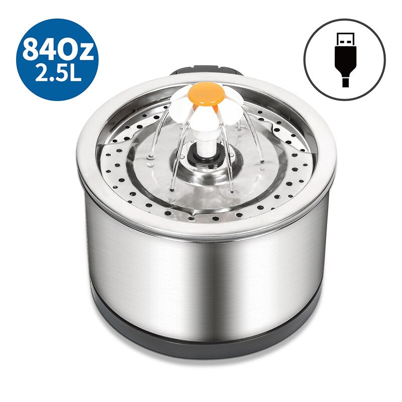 2.5L Stainless Steel Cat Water Fountain USB Pet Dog Drinking Bowl Automatic Feeders Dispenser Super Quiet Drinker Feeder Filter
