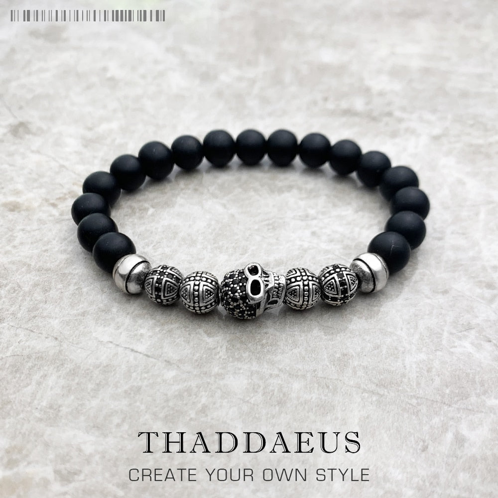 Skull Cross Bead Bracelet,Europe Style Rebel Fashion Punk Jewelry For Men And Women 925 Sterling Silver Obsidian Gift
