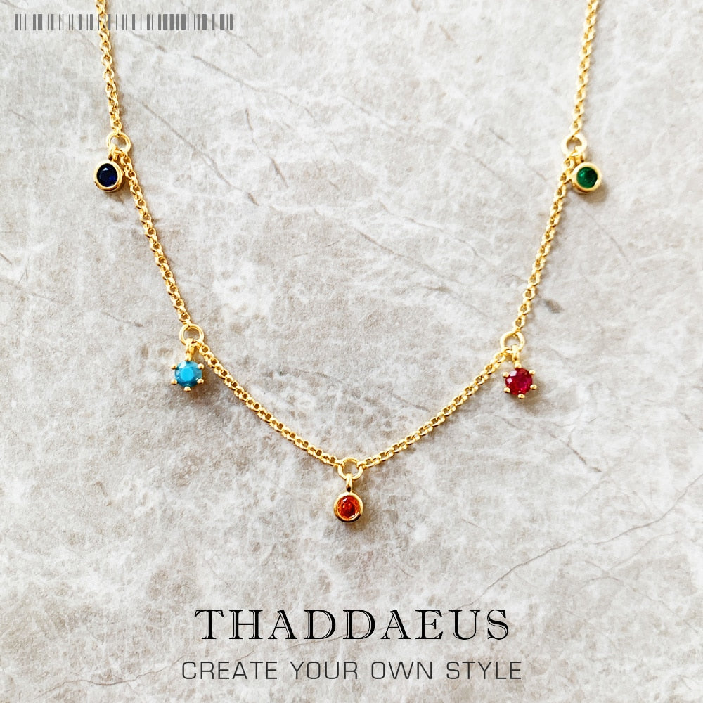 Colourful Stones Golden Necklace Link Chain Fine Jewelry Europe 925 Stering Silver 2022 Brand New Bohemia Gift For Women