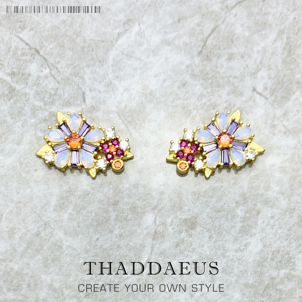 Flowers Colourful Stone Studs Earrings,Europe Yellow Gold Color Handcrafte Jewelry For Women,2022 New Gift 925 Sterling Silver