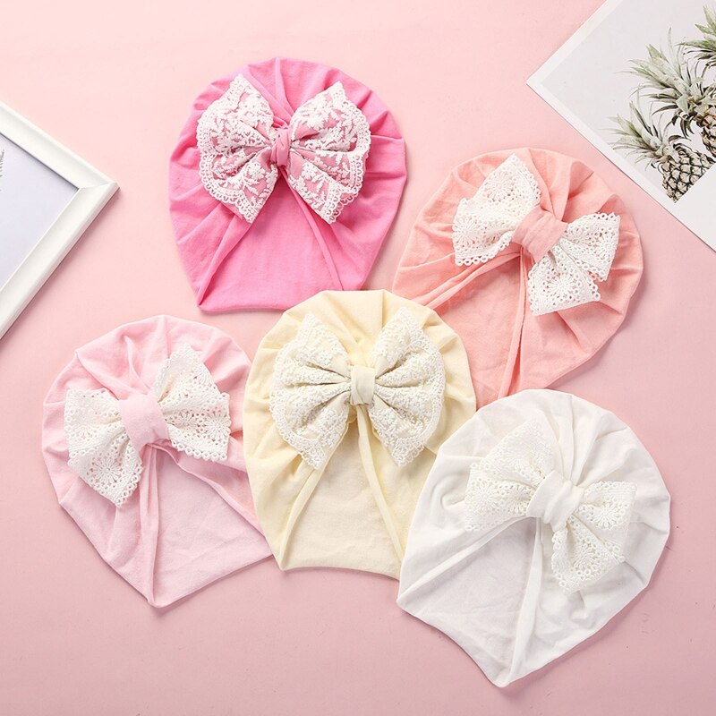 Baby Girl Turban Bow Hats Breathable Hat Headdress w/ Pure Color Comfort Beanie Skin Friendly Hand Wash Newborn Head