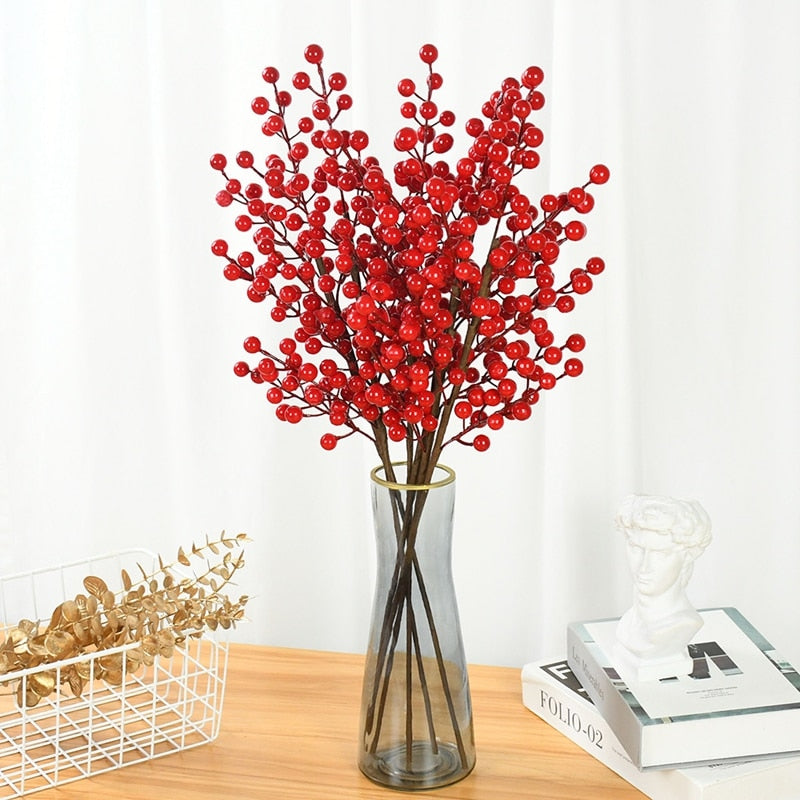 1/2pcs Christmas Decor Red Berry Stamen Branch Artificial Flower Bouquet Xmas Home Vase DIY Decoration Wedding Party Fake Plant