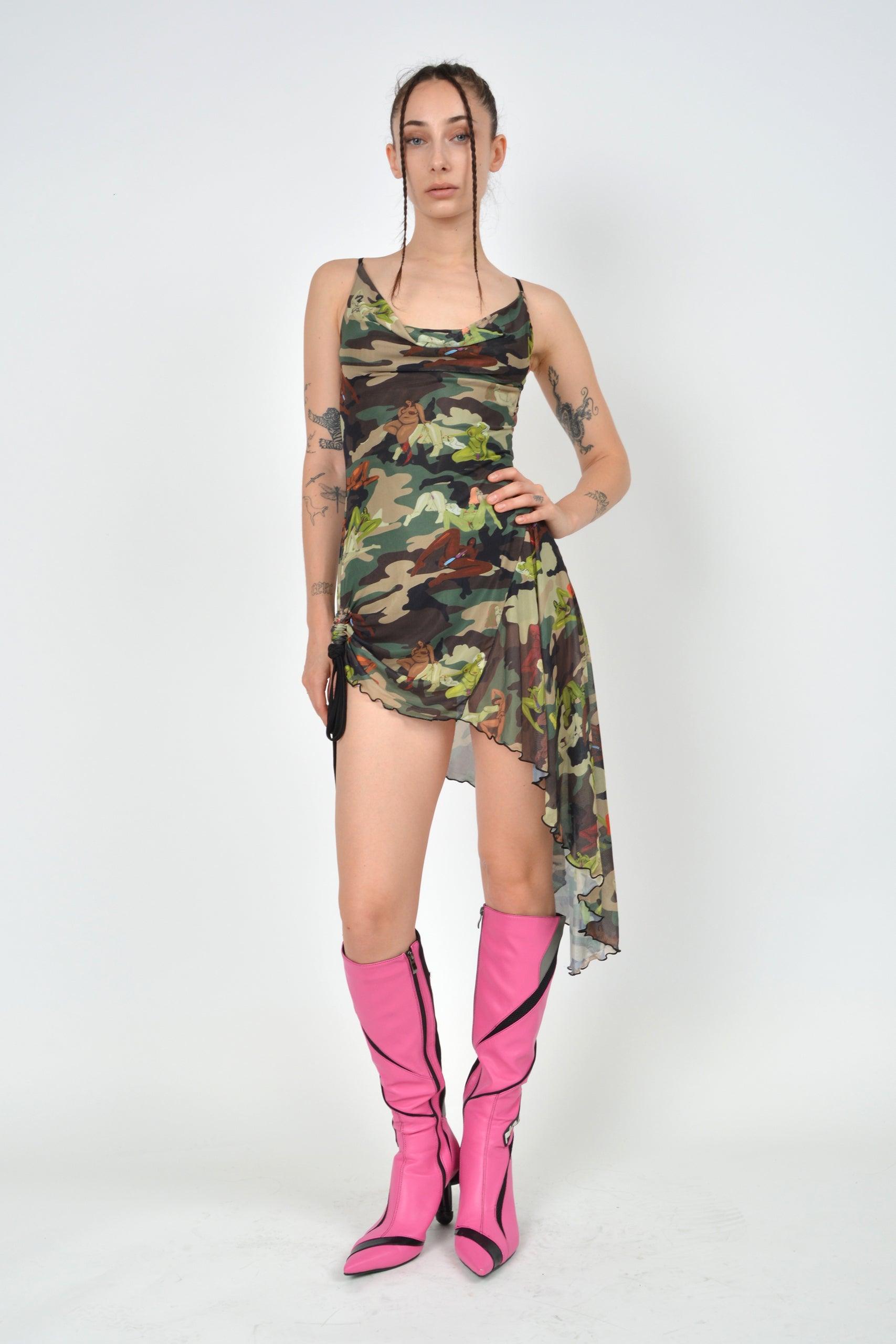 camo flounce mesh dress